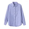 Women's Blouses 2023 Autumn/Winter Shirt Blue And White Stripe Polo Collar Side Button Design Top Fashion