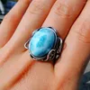 Cluster Rings Beautiful 925 Sterling Silver Cabochon Gemstone Oval 13x18mm Natural Larimar Leaf Ring