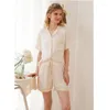 Damen-Nachtwäsche, Damen-Pyjama-Set für Frühling und Sommer, Baumwoll-Viskose-Pyjama, farblich passende weiße Kurzarmhose, zweiteilig