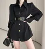 New design women's cool black color turn down collar long sleeve with belt blouse shirt ML