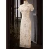 Ethnische Kleidung Sommer Gold Jacquard Perlen Chiffon Lange Cheongsam Frauen Chinesische Traditiona Retro Slim Mode Modernes Kleid Mädchen China Qipao