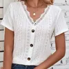 Women's Blouses Fashion Hollow V-neck Lace White Blouse Women Vintage Button-up Short Sleeve Casual Shirt Summer 2023 Loose Tops 28325