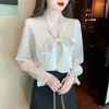 Kvinnor Bluses Satin Shirts Spring 2023 Solid Casual Slim Fit Bow Longeepes Top V-ringad damkläder Ycmyunyan