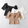 Women's T Shirts Summer Sexy Spicy Girl Slim Fit Medium Sleeve V-Neck Off Shoulder Top Elastic Tight Rib Knit V290