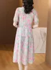 Casual Dresses Summer Pink Floral Silk Short Sleeve Ruffled V-neck Midi Dress 2023 Korean Vintage Evening Women Elegant Bodycon Prom Robe