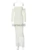 ベーシックカジュアルドレスオフショルダーニットホワイトドレス女性ロングスリーブホローボディコンミディドレス