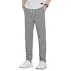 Calça Masculina Primavera Outono Seda Gelo Casual Cintura Elástica Negócios Moda Ajuste Reto Calças Bem Masculino Preto Cinza M-4XL