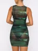 Casual Dresses Green Mesh Abstract Printed Perspective Crew Neck Sleeveless Women's Sexy Chic Pullover Wrap Hip Dress Club Party Clothes