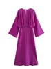 Urban Sexy Dresses Flare Sleeve Solid Purple V Neck Long Dresses A-line Elegant High Waisted Loose Midi Dress Woman Casual Ladies Vestidos 230808