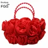 Kvällspåsar boutique de fgg röda blommor rose buske kvinnor satin handväska pärlstång handväska bröllop handväska brudkoppling 230809