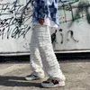 Mäns jeans American Street Hip-Hop Heavy Industry Ripped Men's Jeans Spring Straight Loose Vibe Style Skateboard White Fleared Pants 230808