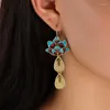 Boucles d'Oreilles Pendantes Style Bohème Métal Fait Main Huile Bleu Lotus Série Longue Femme