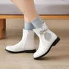 Bow Knot Pearl Thick Heel Mid-Calf Boots Rhinestone Trim Side Zipper Short Plush Winter Pink Warm WomenS Boots L230704