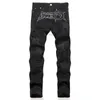 Heren Jeans Black Ripped Applique Geborduurde Punk Style MidRise Slim Pencil Pants Fashion Streetwear 230809