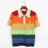Basic Casual Dresses High Quality Women Fashion Summer Vintage Ice Silk Loose Colorful Striped Polo Collar Knit Top Shorts Suits Two Pieces Set 230808