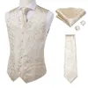 Men's Vests Hi-Tie 100% Silk Ivory Beige Champagne Gold Mens Vests Tie Hankerchief Cufflinks Set Jacquard Vine Waistcoat for Men Suit Dress 230808