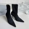 Punhos de marca, meias com nervuras, botas de salto alto, botas de bicicleta com cadarço de couro preto de malha elástica, sapatos femininos de grife de luxo, sapatos de fábrica 8,5 cm