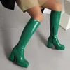 Boots Side Zipper Square Toe Super Thick Heel Light Platform Green Knee Solid Color Simple Style Warm Plush Inner Slip-On