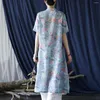 Abbigliamento etnico Shanghai Story Casual da donna Collo alla coreana Allentato manica corta Cheongsam Stampa digitale Abiti Qipao