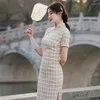 Ethnic Clothing 2023 Summer Cotton Linen Plaid Mid-length Yellow Cheongsam Beaded Lace Retro Chinese Improved Modern Girls Qipao Dress For