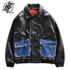 Giacche da uomo High Street PU Giacca in pelle Vintage Patchwork Moto Denim Unisex Streetwear Lettera Stampa Cool Bomber Outwear 230809