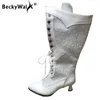 Buty Botas Mujer koronkowy czarny biały retro zimowe buty damskie spiczaste palce 6 cm obcasy duże duże buty buty butów WSH3450 230808