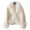 Women's Fur Women Autumn Winter Faux Coats White Collar Notched Lapel Long Sleeve Short Coat Covered Botton Zipper Pocket Design