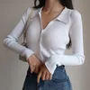 Kvinnor stickar Tees Women Sexy V Neck Long Sleeve Turndown Sticked Cardigan Sweater Autumn Lapel Slim Slimning Tops Ladies Hollow Buttons 230808