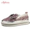 Dress Shoes Aphixta Fashion Big Size 42 43 Flats Women Leather Loafers Flat Platform Wine Red Shoes Crystal Sequined Bow Casual Shoes J230808