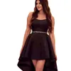 Vestidos de festa Alto-Baixo Noite Simples Linha A de Cetim Preto com Bordados Vestidos de Baile