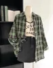 Women's Blouses Vintage Plaid Shirt Korean Fashion Oversized Long Sleeve Green Tops Female Streetwear Button Up