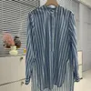 Women's Blouses Totem Cotton Mulberry Silk Shirt Blue Striped Tops Loose Casual Blouse Mid-length Summer Streetwear Shirts