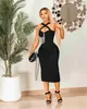 Basic Casual Dresses 2023 Shining Diamond Tassel Halter Black Bandage Mid Calf Dress Fashions Sexy Woman Party Vestido Nightclub Party Outfit J2308009