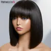 Perucas sintéticas curto bob peruca com franja sem cola peruca de cabelo humano pronto para ir cabelo liso bob perucas brasileiras remy full machine perucas para mulheres 230808