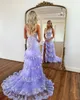 Elegante Lavendel Galajurken Pailletten Kant Avondjurk met één schouder Gelaagde rok Ruglooze Split Formeel Lang Feestjurk voor speciale gelegenheden