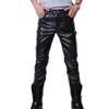 Мужские брюки сплошной кнопка для мужчин повседневные брюки из искусственных кожи скинни -мотоцикл клуб