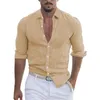 T-shirt da uomo Estate in cotone e lino con risvolto da spiaggia Camicia a maniche lunghe con bottoni in tinta unita Tasca da uomo Confezione multipla