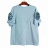 T-shirts pour femmes 220239 Femmes Bleu Tridimensionnel Fleur T-shirt Décontracté Col Rond Manches Courtes Lâche Conception Simple Mode Marée D'été