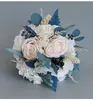 Decorative Flowers Wreaths Dusty Blue Bride Bouquet Boutonniere Wrist Corsage Waterfall Wedding Flower Bridesmaid Bouquet Wedding Ceremony Anniversary 230809