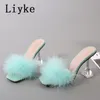 Liyke 9cm transparenta höga klackar päls tofflor kvinnor fjäder sandaler kik tå mules dam pumpar glider festskor rosa 230808