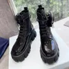 Monolith Glossy Leather Nylon Mid Length Boots Round Head Frenulum Designers Booties Leather Shoes Ankle Boot Military Inspired Combat Boot Nylon Bouch med väskor