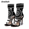 Kvinnor Fashion Open Toe Rhinestone Design High Heel Sandals Crystal Ankle Wrap Glitter Diamond Gladiator Black 230807