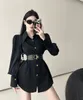 New design women's cool black color turn down collar long sleeve with belt blouse shirt ML