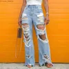 Damesbroek Capri 2023 Straatkleding Vintage Tas Tear Jeans Mode Losse Been Hoge Taille Rechte Broek Y2k Dames Wassen Blauwe Denim Broek Z230809