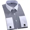 Men's Dress Shirts Men's Classic French Cuffs Striped Dress Shirt Single Patch Pocket Cufflink Included Long Sleeve Wedding Shirts 230808