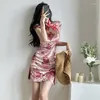 Etnische Kleding Chinese Jurk Roze Sexy Qipao Jurken Cheongsam Fluwelen Retro Gedrukte Cheongsams Mini China Gewaad Chinoise