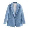 Ternos femininos primavera tweed azul blazers 2023 moda sólido solto blazer outono casual duplo busto streetwear jaquetas chique