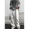 Calça Jeans Masculina com Zíper Hip Hop Cargo Y2k Mulher Homem Folga Streetwear Casual Preto Empilhado Masculino Magro Flare Branco