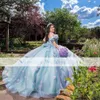 Abiti Quinceanera azzurri principessa con applicazioni in pizzo con spalle scoperte Sweet 16 Dress vestido de 15 anos Abiti da ballo