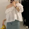 Women's Blouses Off Shoulder Summer Ruffled Lace Blouse Women Korean Stylish Loose Sexy Top Woman Slash Neck Short Sleeve Hollow Out Shirt